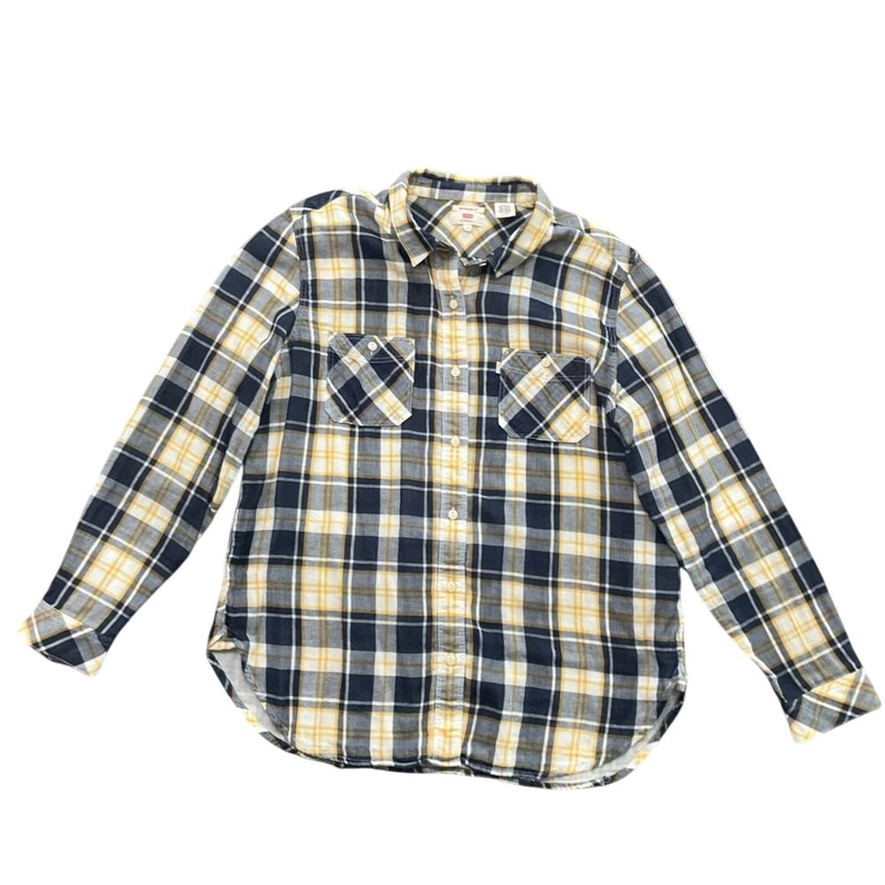 Levi’s Women's Boyfriend Fit Blue Yellow Plaid Button-Up Cotton Shirt Size XL